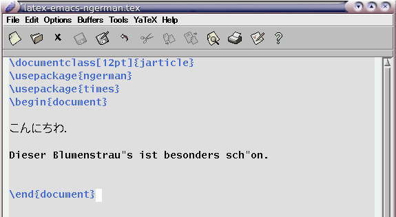 Emacs $B>e$G(B ngerman.sty $B$r;XDj$7$?%=!<%9%U%!%$%k(B